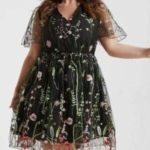 NWT Bloomchic Floral Embroidered Mesh Elastic Waist Dress Size 1X 14 - 16